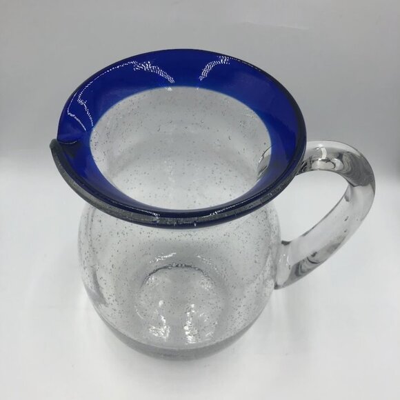 Cobalt Blue Rim Handblown Glass Pitcher With Handle Kitchen Drinkware - Picture 5 of 13